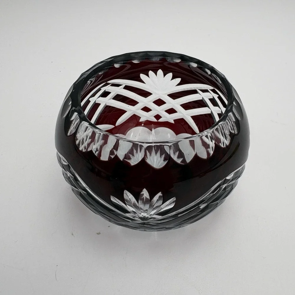Bohemian Crystal Cut Clear Red Cranberry Votive‎ / Small Flower Design Bowl
